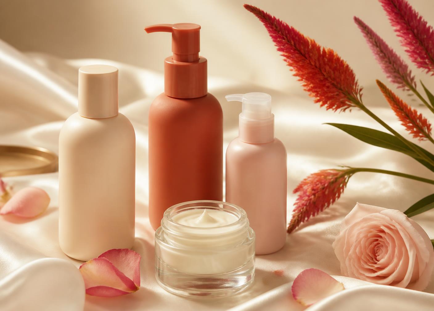 Elegant hair-care bottles on ivory silk surrounded by celosia plumes and rose petals